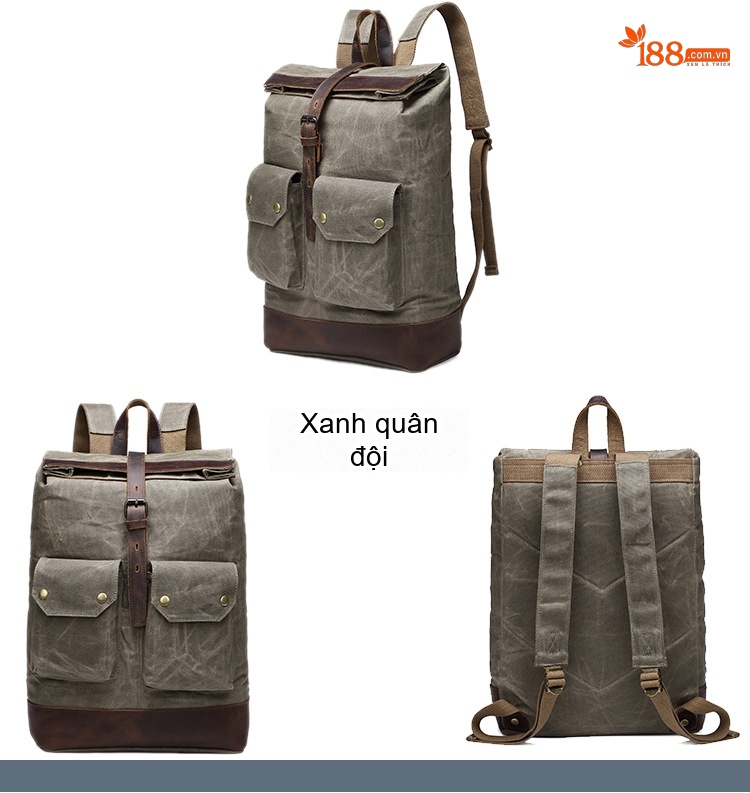 Balo Đeo Vai Vải Canvas Dầu Sáp Chống Nước Phối Da Thật Sức Chứa Lớn Màu Xám, Be, Xanh Rêu, Đen chi tiết 4