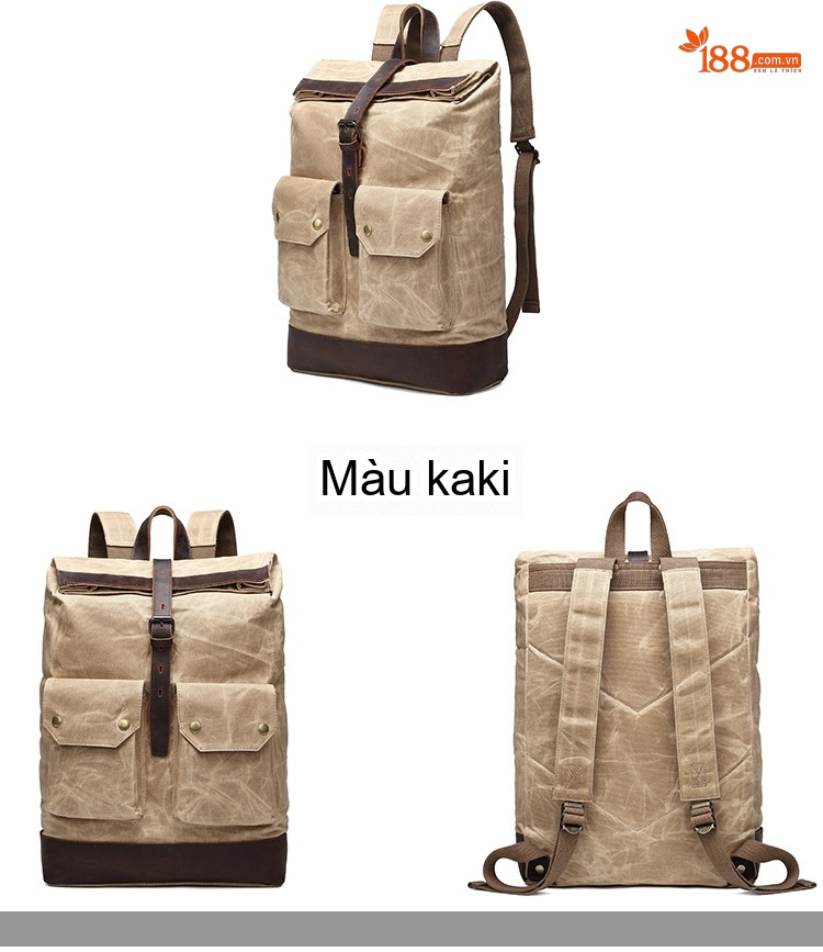 Balo Đeo Vai Vải Canvas Dầu Sáp Chống Nước Phối Da Thật Sức Chứa Lớn Màu Xám, Be, Xanh Rêu, Đen chi tiết 6