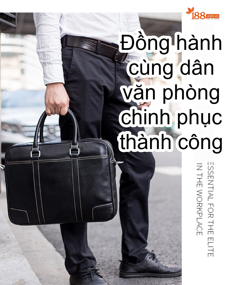 Cặp Công Sở Nam Da Bò Đeo Chéo Đựng Laptop 14 Inch Màu Đen chi tiết 5