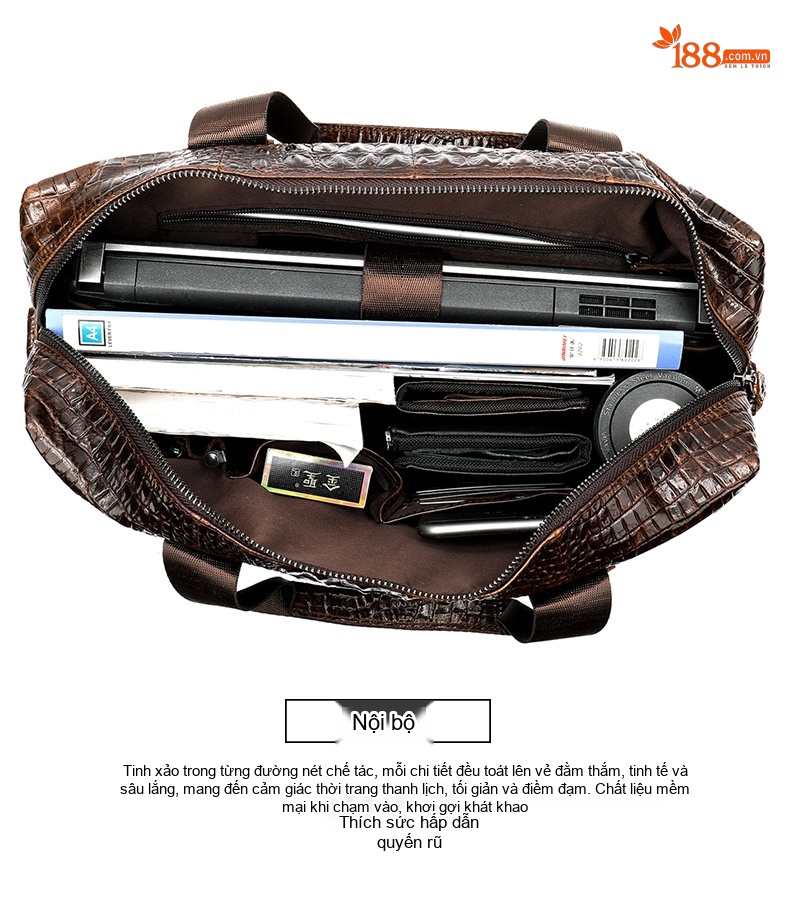 Cặp Công Sở Nam Da Thật Vân Cá Sấu Đựng Laptop Có Dây Đeo Màu Nâu, Đen chi tiết 21