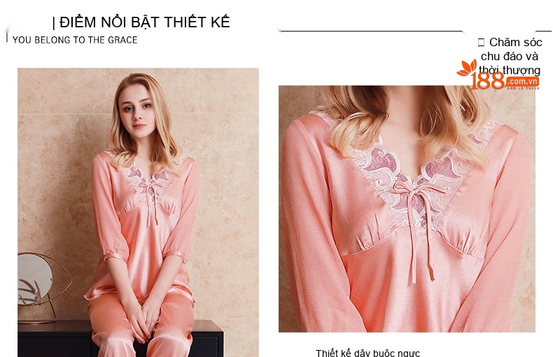 Bộ Đồ Ngủ Lụa Trung Tay Nữ 100% Tơ Tằm Mùa Thu Đông Ren Quyến Rũ Màu Hồng, Đỏ, Trắng Ngà chi tiết 2