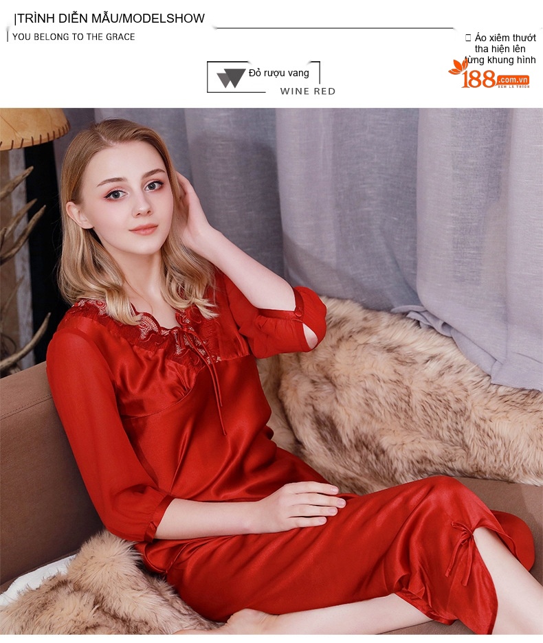 Bộ Đồ Ngủ Lụa Trung Tay Nữ 100% Tơ Tằm Mùa Thu Đông Ren Quyến Rũ Màu Hồng, Đỏ, Trắng Ngà chi tiết 7