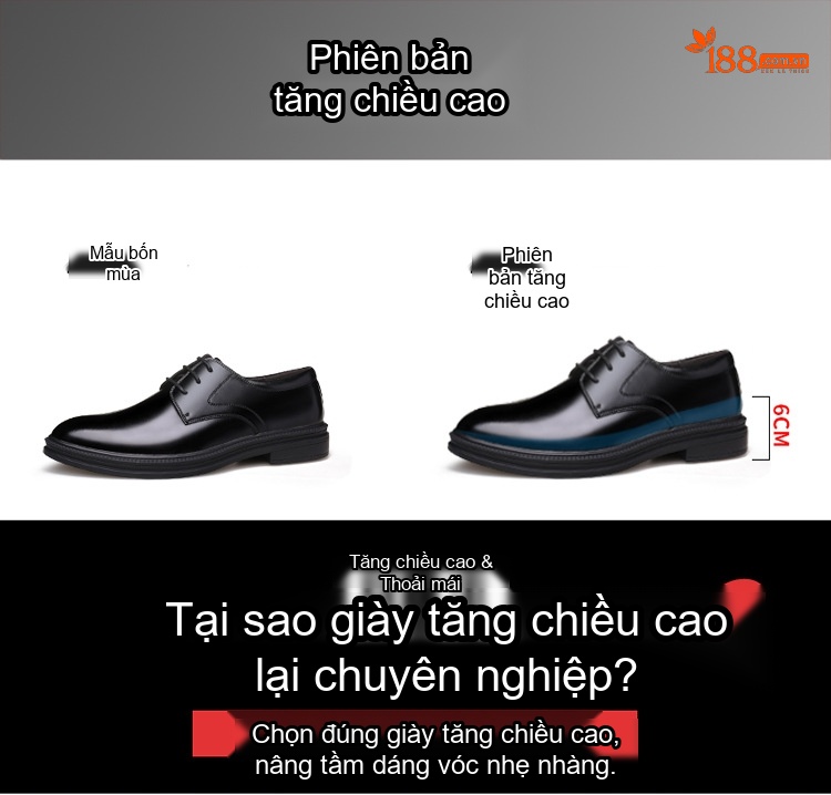 Giày Tây Buộc Dây Nam Da Bóng Chiều Cao Đế 6cm Màu Đen chi tiết 4
