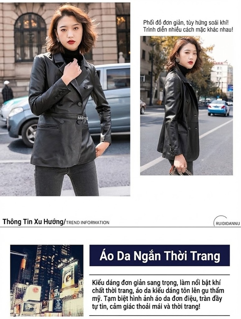 Áo Khoác Da Cừu Nữ Dáng Ngắn Kiểu Motorbike Áo Blazer Da Ôm Dáng Màu Đen chi tiết 2