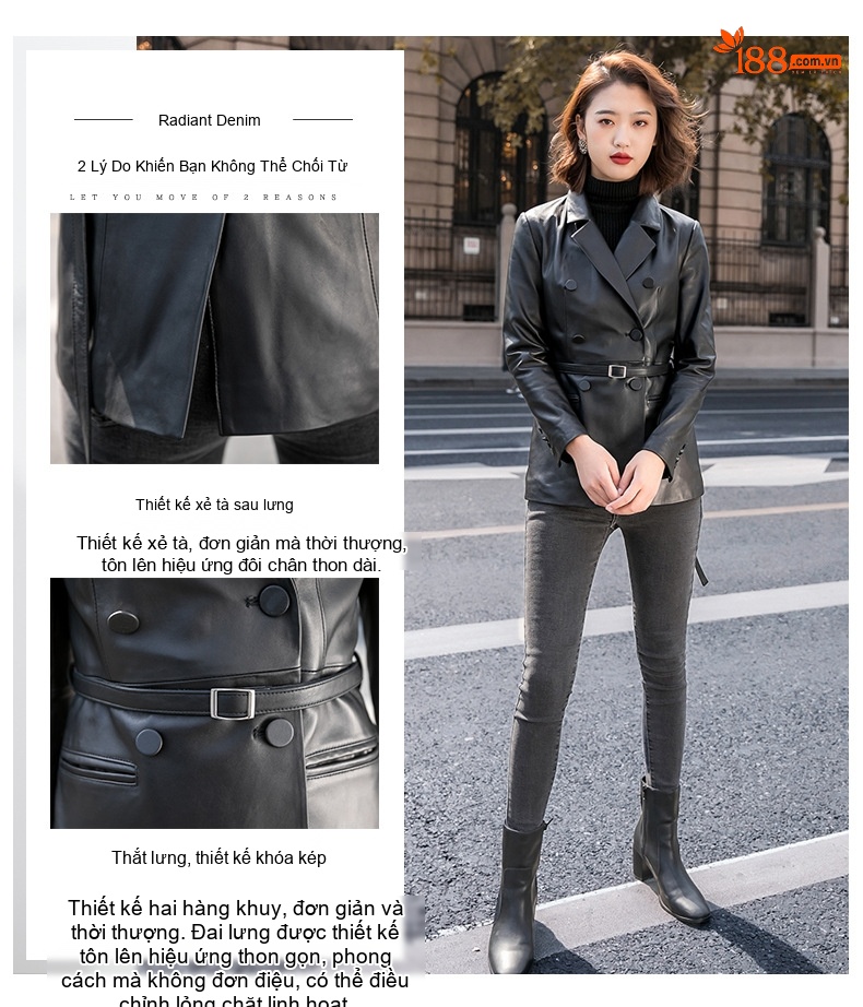 Áo Khoác Da Cừu Nữ Dáng Ngắn Kiểu Motorbike Áo Blazer Da Ôm Dáng Màu Đen chi tiết 5