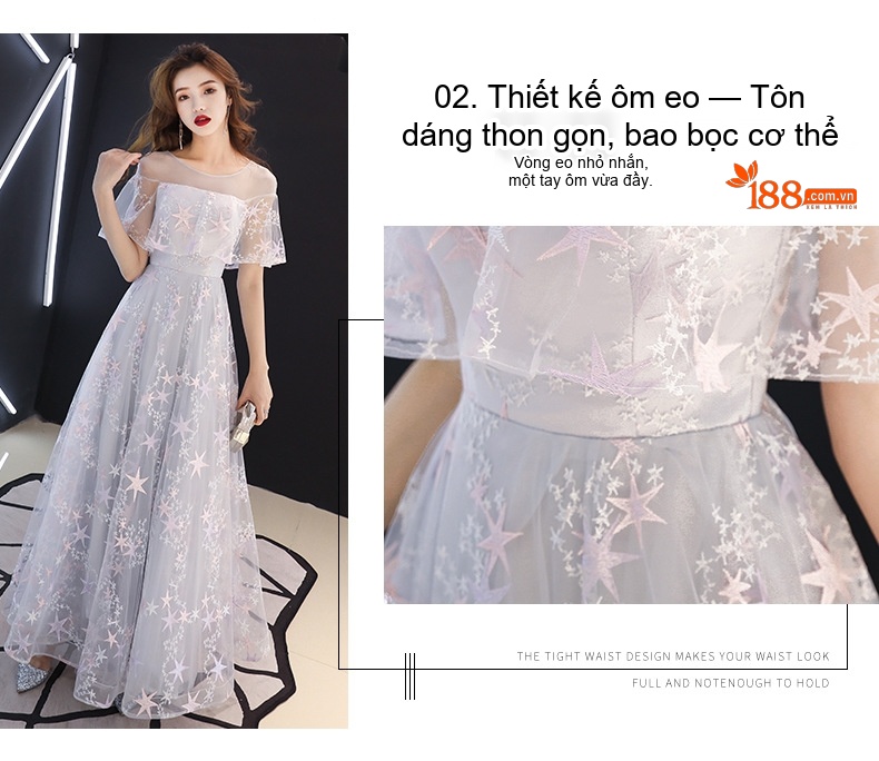 Váy Dạ Hội Lưới Ren Dáng Dài Thướt Tha Màu Xám chi tiết 4