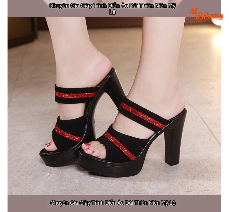Dép Cao Gót Nữ Quai Ngang Hở Mũi Đế Xuồng Chiều Cao Đế Khoảng 8cm Màu Đen chi tiết 11