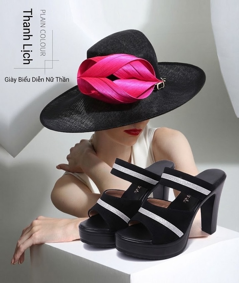 Dép Cao Gót Nữ Quai Ngang Hở Mũi Đế Xuồng Chiều Cao Đế Khoảng 8cm Màu Đen chi tiết 1
