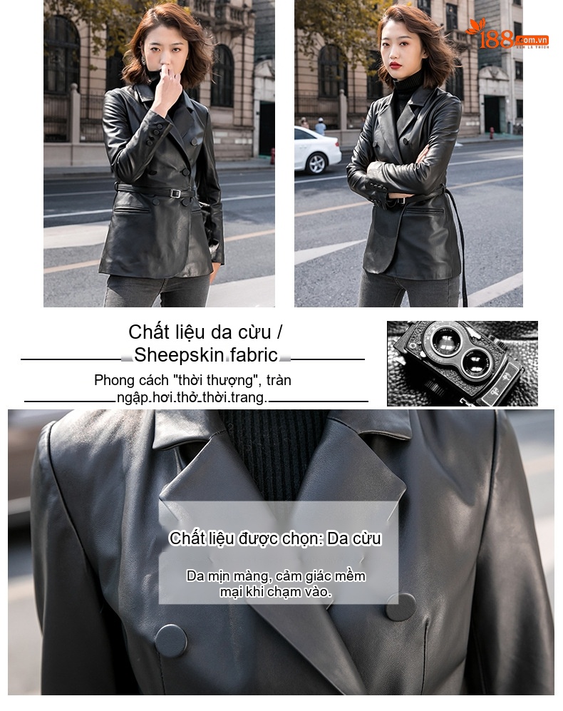 Áo Khoác Da Cừu Nữ Dáng Ngắn Kiểu Motorbike Áo Blazer Da Ôm Dáng Màu Đen chi tiết 3