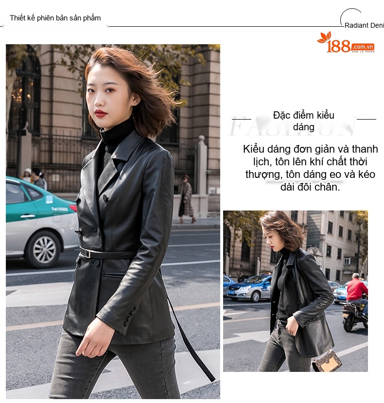 Áo Khoác Da Cừu Nữ Dáng Ngắn Kiểu Motorbike Áo Blazer Da Ôm Dáng Màu Đen chi tiết 4
