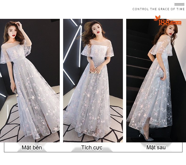 Váy Dạ Hội Lưới Ren Dáng Dài Thướt Tha Màu Xám chi tiết 2