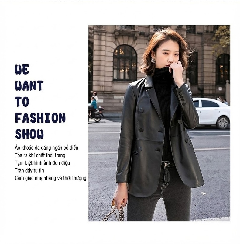 Áo Khoác Da Cừu Nữ Dáng Ngắn Kiểu Motorbike Áo Blazer Da Ôm Dáng Màu Đen chi tiết 1
