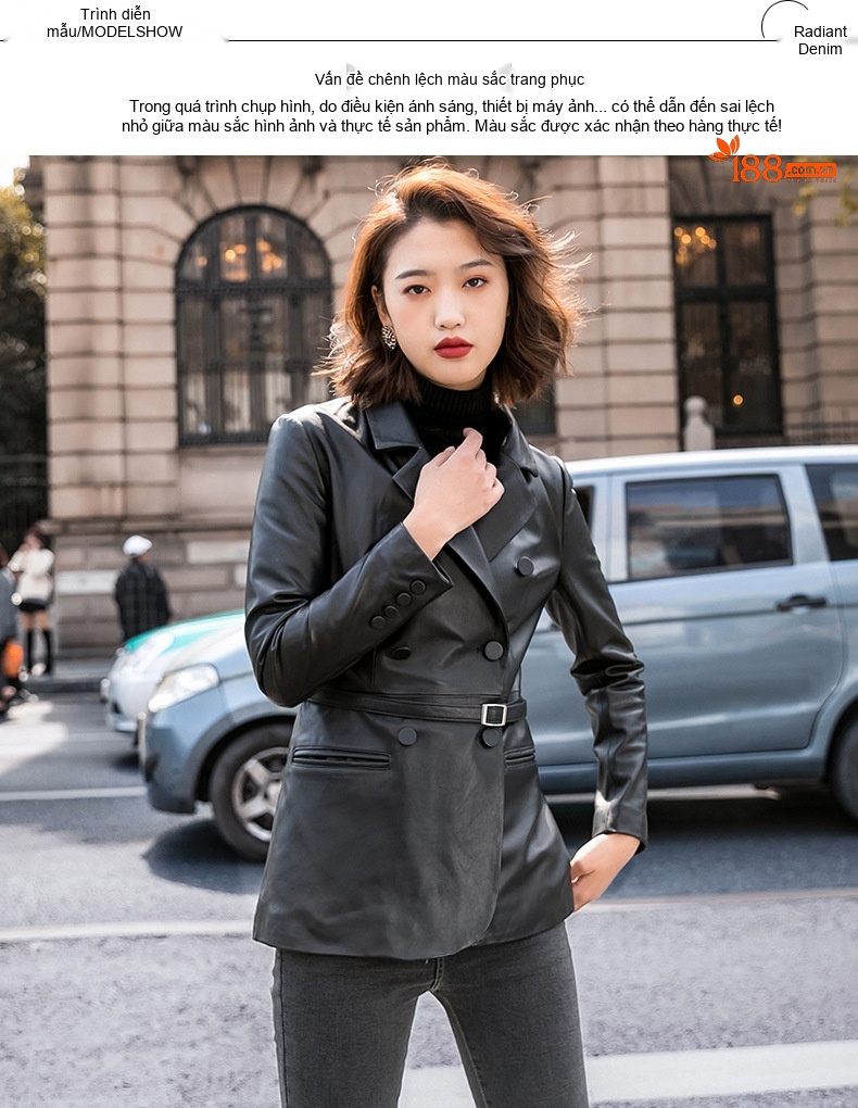 Áo Khoác Da Cừu Nữ Dáng Ngắn Kiểu Motorbike Áo Blazer Da Ôm Dáng Màu Đen chi tiết 8