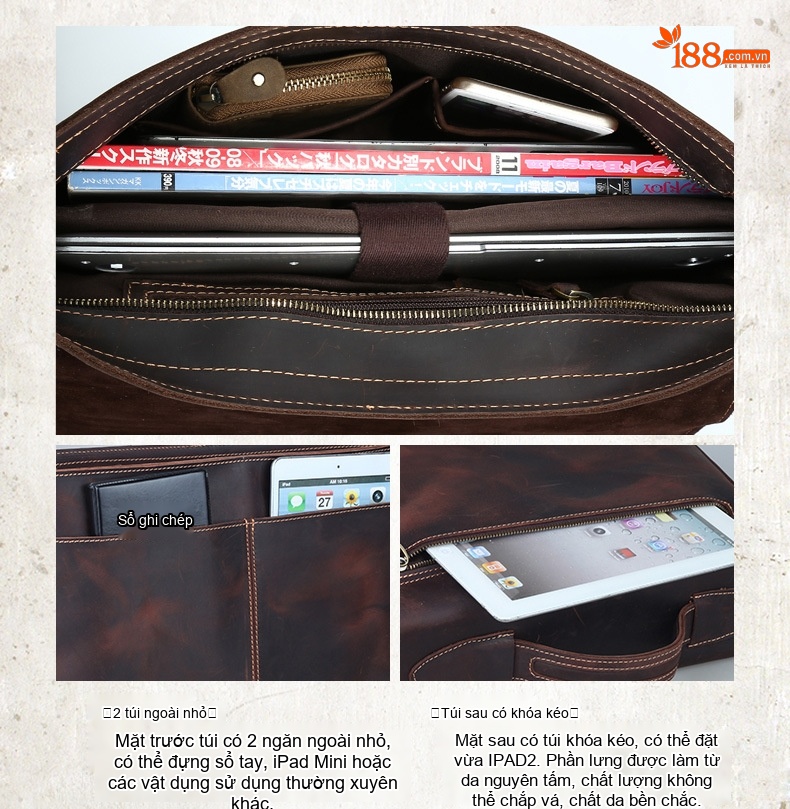 Túi Đeo Chéo/Đeo Vai Nam Da Bò Thật Phong Cách Âu Mỹ Retro Đựng Tài Liệu/Laptop 14 inch Màu Nâu chi tiết 3