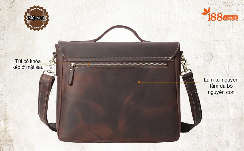 Túi Đeo Chéo/Đeo Vai Nam Da Bò Thật Phong Cách Âu Mỹ Retro Đựng Tài Liệu/Laptop 14 inch Màu Nâu chi tiết 5