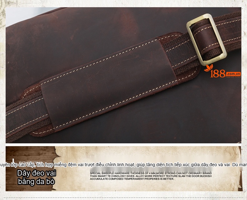 Túi Đeo Chéo/Đeo Vai Nam Da Bò Thật Phong Cách Âu Mỹ Retro Đựng Tài Liệu/Laptop 14 inch Màu Nâu chi tiết 12
