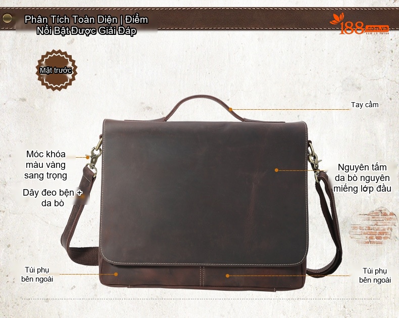 Túi Đeo Chéo/Đeo Vai Nam Da Bò Thật Phong Cách Âu Mỹ Retro Đựng Tài Liệu/Laptop 14 inch Màu Nâu chi tiết 4