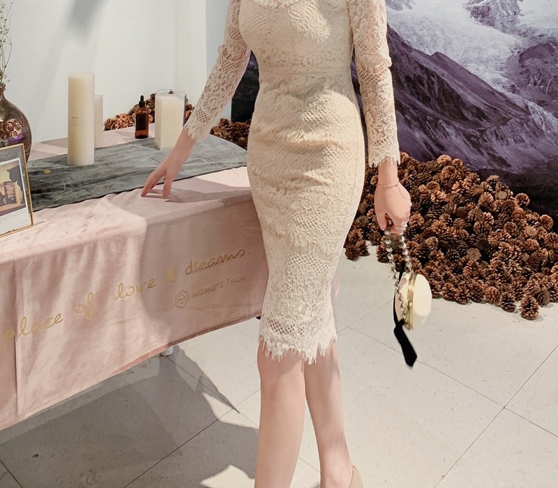 Đầm Ôm Body Nữ Lưới Ren Họa Tiết Hoa Tay Dài Màu Đen, Kem chi tiết 27
