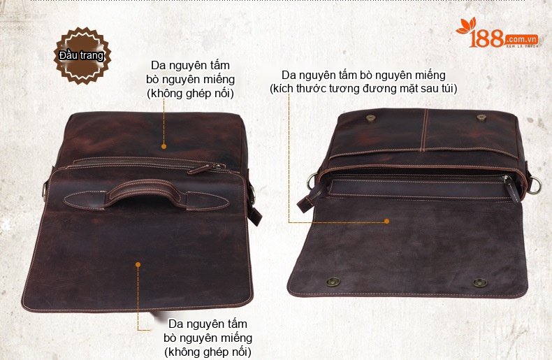 Túi Đeo Chéo/Đeo Vai Nam Da Bò Thật Phong Cách Âu Mỹ Retro Đựng Tài Liệu/Laptop 14 inch Màu Nâu chi tiết 6