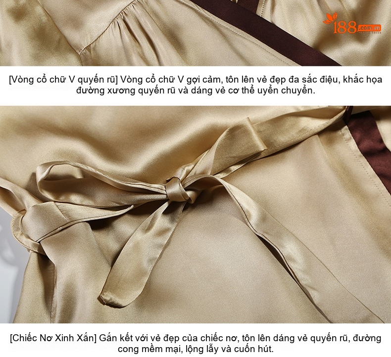 Bộ Đồ Ngủ Hai Món Áo Choàng Dây Rút Lụa Tơ Tằm 100% Gợi Cảm Cho Nữ Màu Vàng, Đỏ chi tiết 12