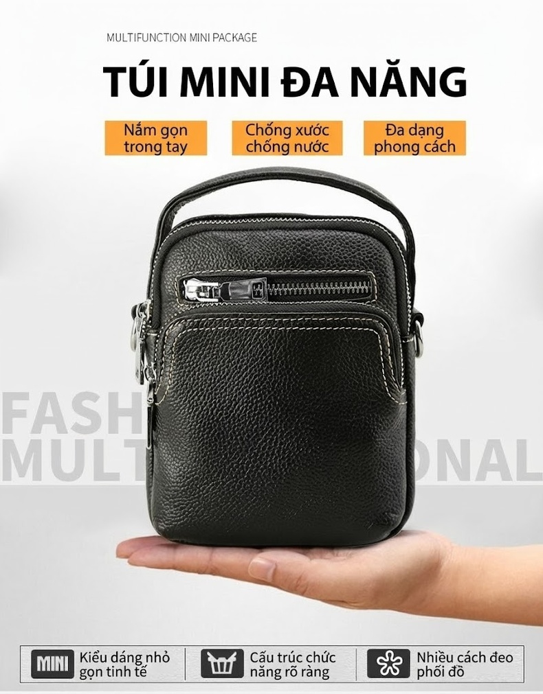 Túi Đeo Vai Nam Da Bò Thời Trang Cao Cấp, Túi Đeo Chéo Nam Màu Đen chi tiết 1