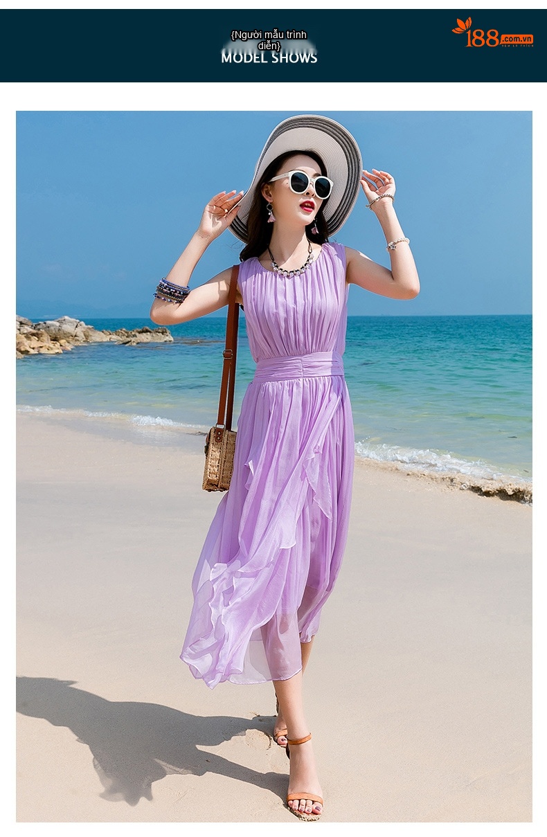 Váy Maxi Nữ Lụa Tơ Tằm Dáng Suông Eo Cao Đi Biển Du Lịch Màu Trắng, Tím, Cam, Đỏ... chi tiết 29