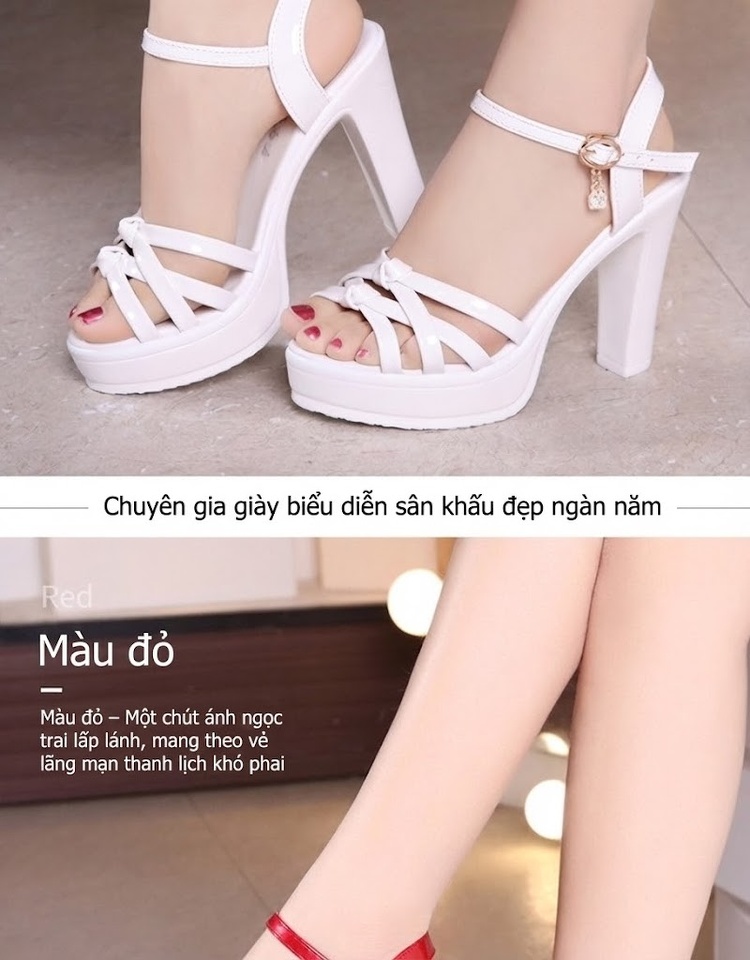 Giày Sandal Cao Gót Nữ Hở Ngón Quai Ngang Da Bóng Gót Cao 8cm - 9cm Màu Đen, Trắng, Đỏ, Vàng... chi tiết 12
