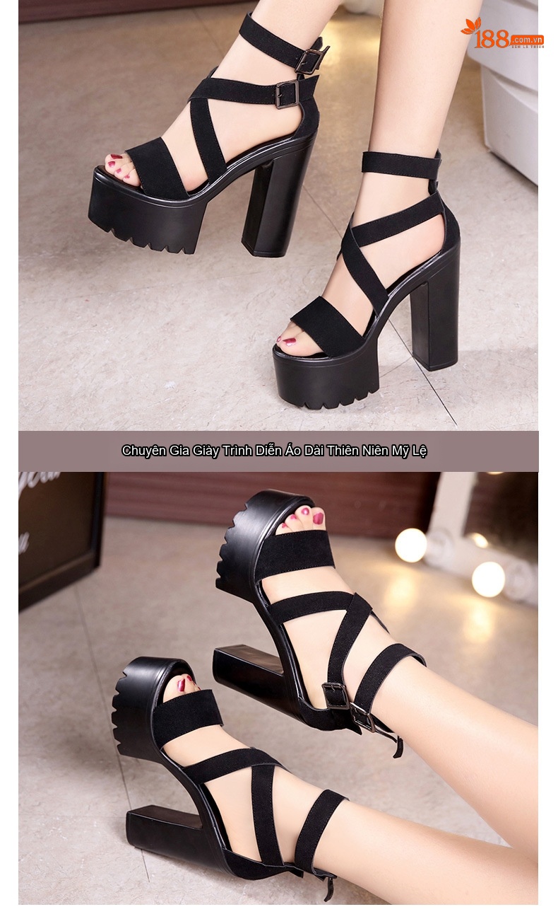 Giày Sandal Cao Gót Nữ Quai Chéo Đế Xuồng Gót Cao 10cm - 12cm Màu Đen chi tiết 14