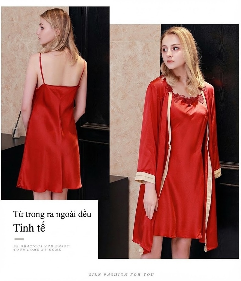 Bộ Đồ Ngủ Hai Món Áo Choàng Dây Rút Lụa Tơ Tằm 100% Gợi Cảm Cho Nữ Màu Vàng, Đỏ chi tiết 9