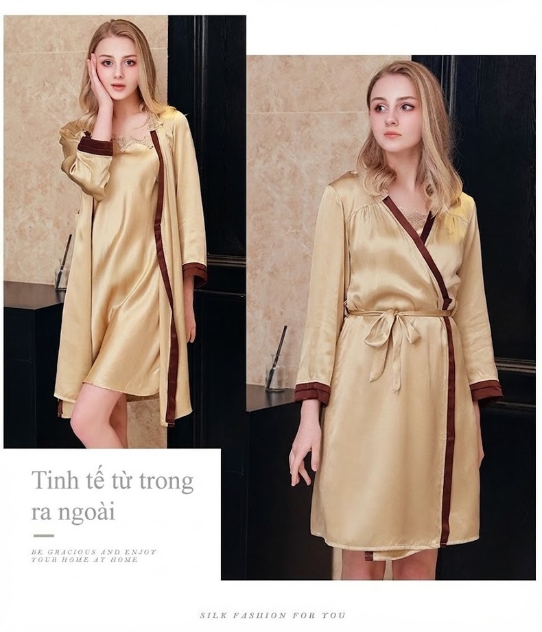 Bộ Đồ Ngủ Hai Món Áo Choàng Dây Rút Lụa Tơ Tằm 100% Gợi Cảm Cho Nữ Màu Vàng, Đỏ chi tiết 6