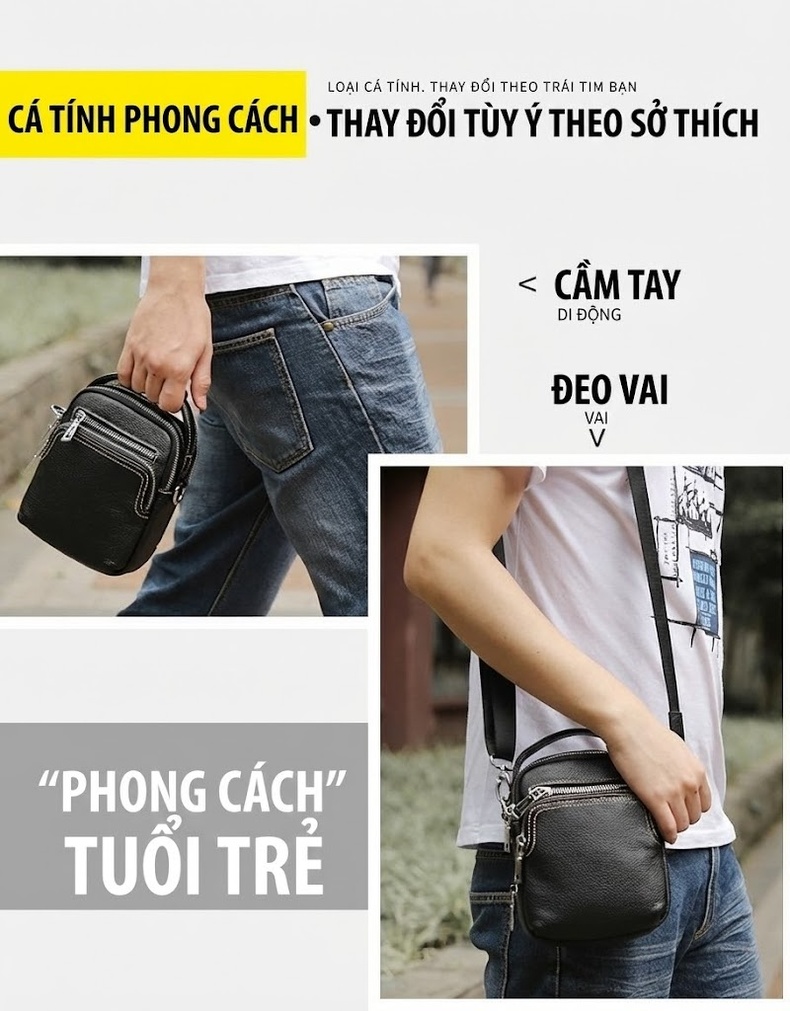 Túi Đeo Vai Nam Da Bò Thời Trang Cao Cấp, Túi Đeo Chéo Nam Màu Đen chi tiết 3