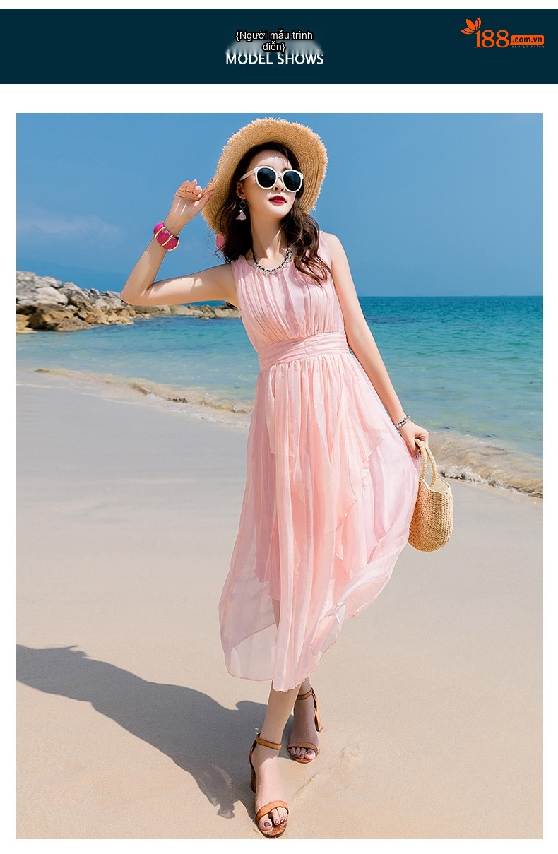 Váy Maxi Nữ Lụa Tơ Tằm Dáng Suông Eo Cao Đi Biển Du Lịch Màu Trắng, Tím, Cam, Đỏ... chi tiết 8
