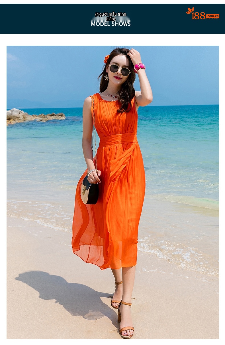 Váy Maxi Nữ Lụa Tơ Tằm Dáng Suông Eo Cao Đi Biển Du Lịch Màu Trắng, Tím, Cam, Đỏ... chi tiết 22