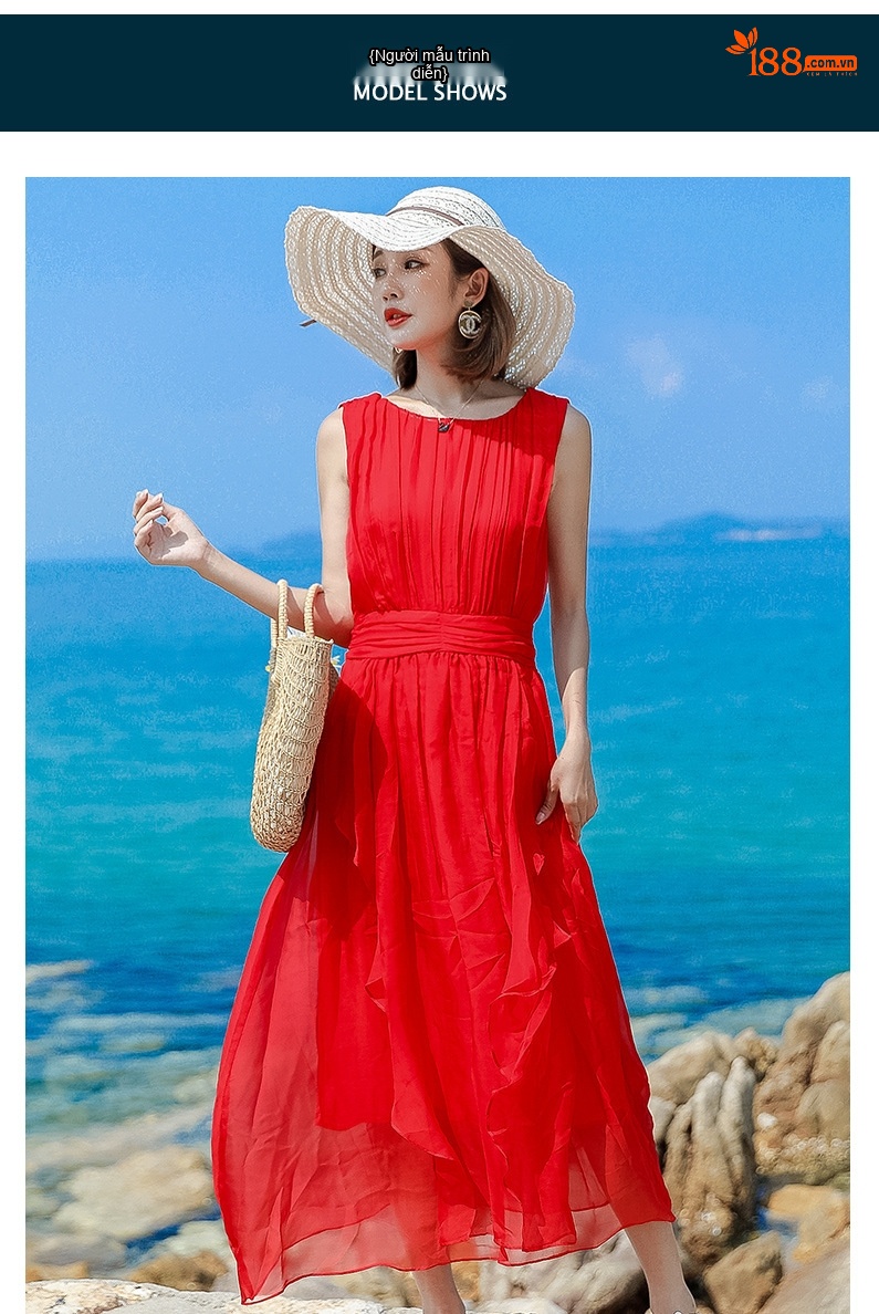 Váy Maxi Nữ Lụa Tơ Tằm Dáng Suông Eo Cao Đi Biển Du Lịch Màu Trắng, Tím, Cam, Đỏ... chi tiết 36