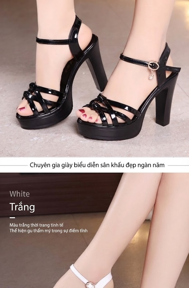 Giày Sandal Cao Gót Nữ Hở Ngón Quai Ngang Da Bóng Gót Cao 8cm - 9cm Màu Đen, Trắng, Đỏ, Vàng... chi tiết 10