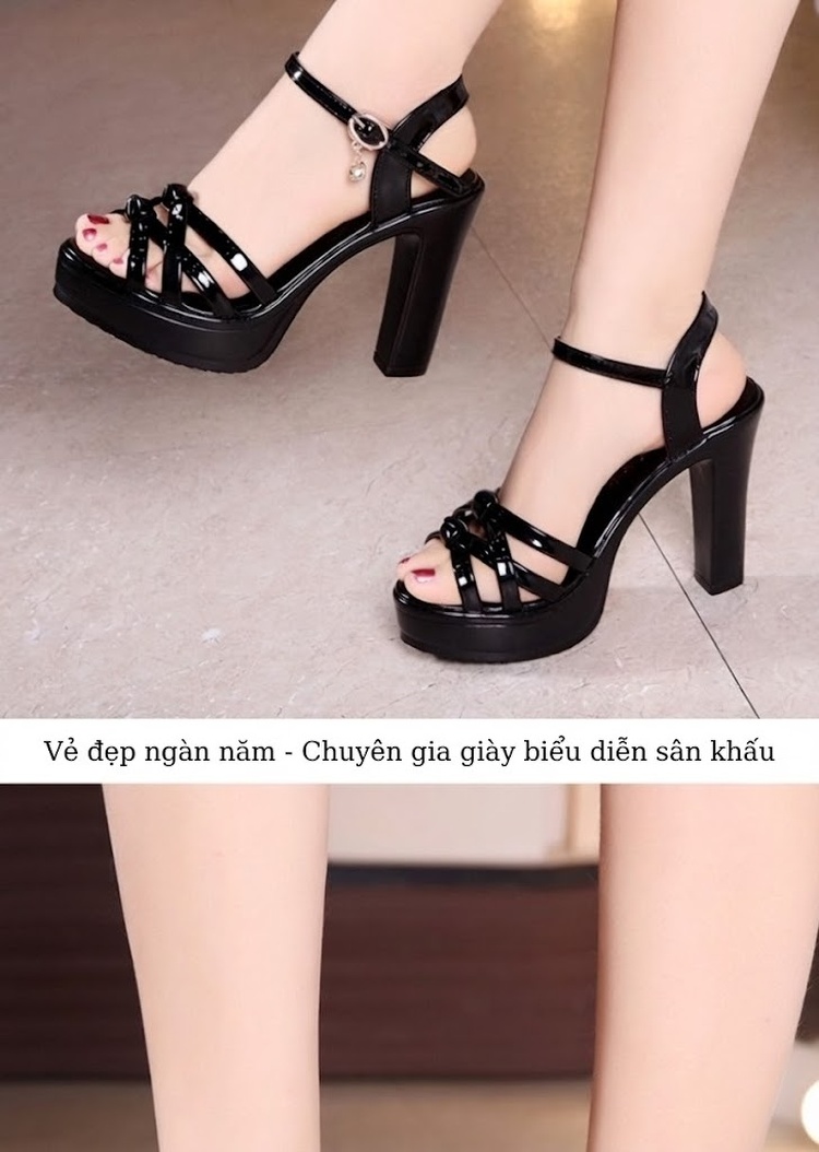 Giày Sandal Cao Gót Nữ Hở Ngón Quai Ngang Da Bóng Gót Cao 8cm - 9cm Màu Đen, Trắng, Đỏ, Vàng... chi tiết 9
