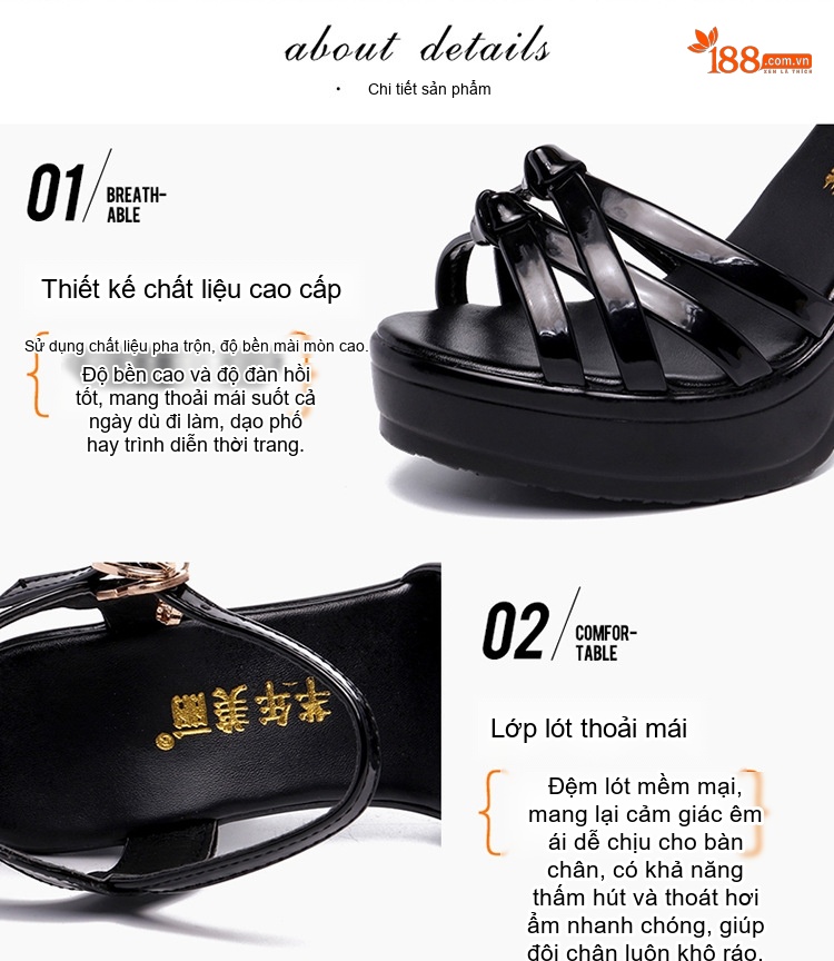 Giày Sandal Cao Gót Nữ Hở Ngón Quai Ngang Da Bóng Gót Cao 8cm - 9cm Màu Đen, Trắng, Đỏ, Vàng... chi tiết 6