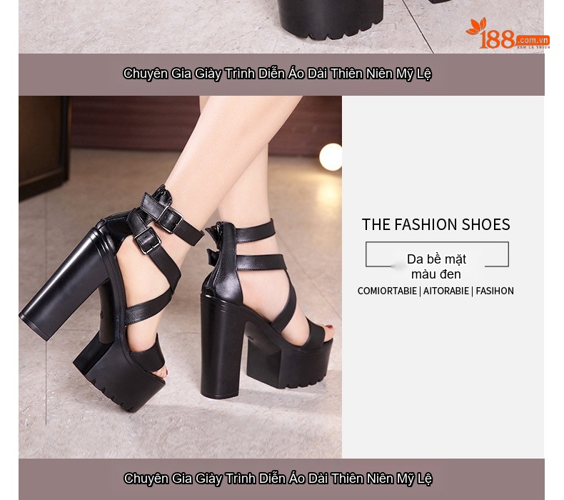 Giày Sandal Cao Gót Nữ Quai Chéo Đế Xuồng Gót Cao 10cm - 12cm Màu Đen chi tiết 10