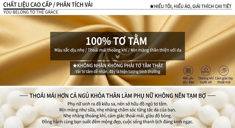 Bộ Đồ Ngủ Hai Món Áo Choàng Dây Rút Lụa Tơ Tằm 100% Gợi Cảm Cho Nữ Màu Vàng, Đỏ chi tiết 2
