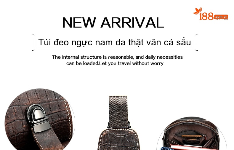 Túi Đeo Ngực Nam Da Bò Vân Cá Sấu Dáng Thể Thao Khóa Kéo chi tiết 9