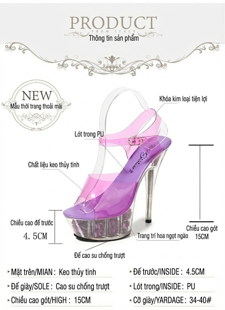 Giày Sandal Cao Gót Nữ Quai Trong Suốt Đế Hoa Gót Cao 10cm - 12cm Màu Tím, Vàng, Đen, Đỏ... chi tiết 3