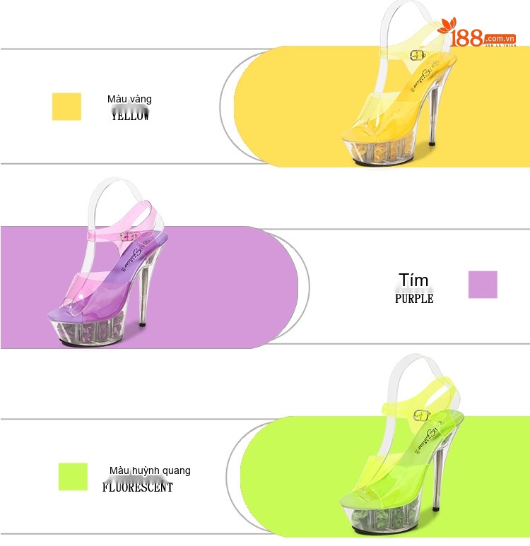 Giày Sandal Cao Gót Nữ Quai Trong Suốt Đế Hoa Gót Cao 10cm - 12cm Màu Tím, Vàng, Đen, Đỏ... chi tiết 6