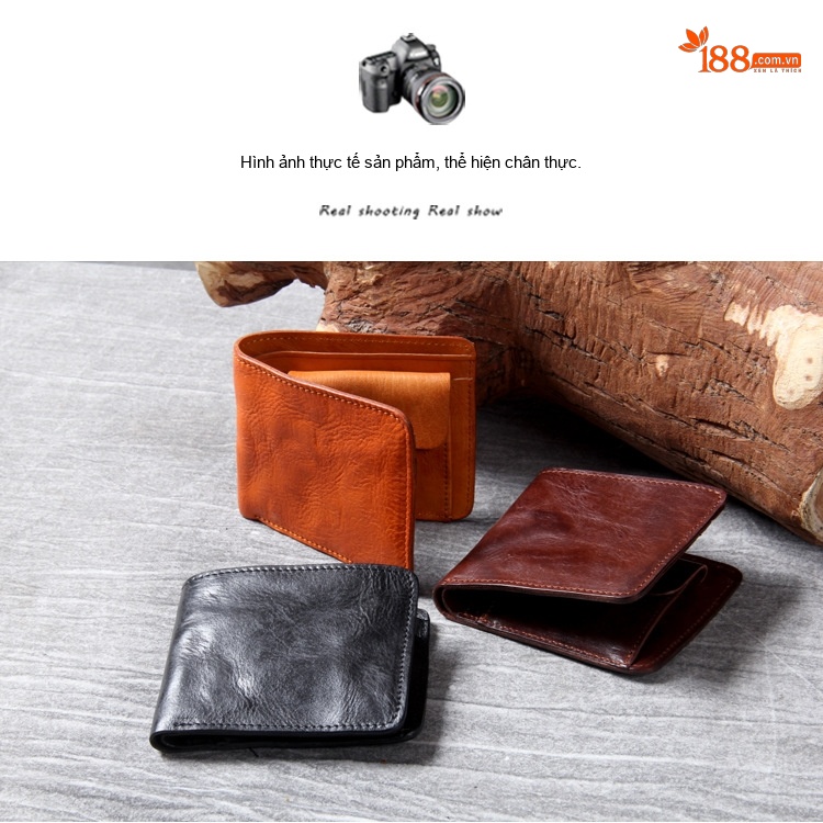 Ví Ngắn Nam Da Bò Thuộc Da Mộc Thủ Công Siêu Mỏng Phong Cách Retro Âu Mỹ Màu Đen, Nâu, Cam chi tiết 3
