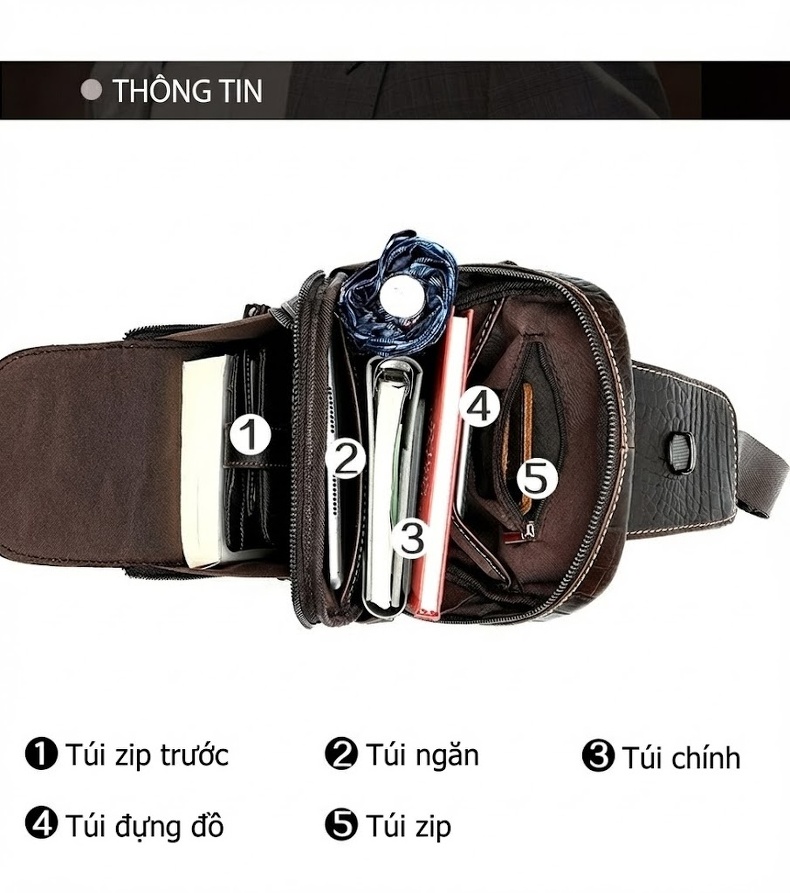 Túi Đeo Ngực Nam Da Bò Vân Cá Sấu Dáng Thể Thao Khóa Kéo chi tiết 11