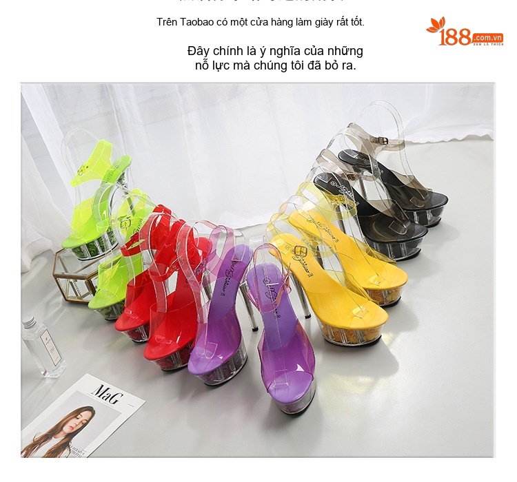 Giày Sandal Cao Gót Nữ Quai Trong Suốt Đế Hoa Gót Cao 10cm - 12cm Màu Tím, Vàng, Đen, Đỏ... chi tiết 8