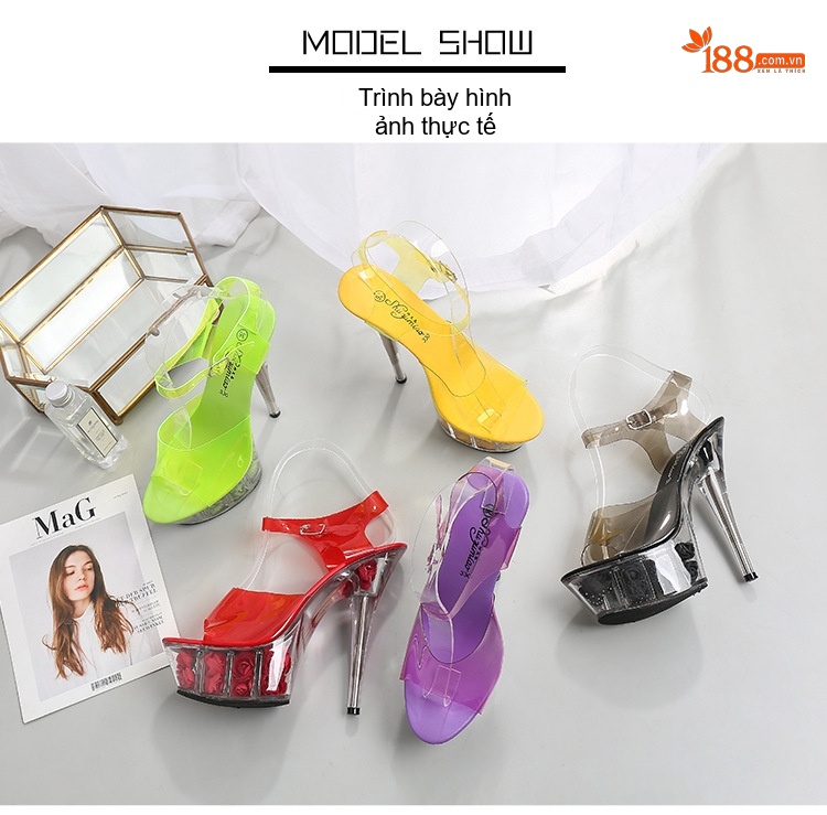 Giày Sandal Cao Gót Nữ Quai Trong Suốt Đế Hoa Gót Cao 10cm - 12cm Màu Tím, Vàng, Đen, Đỏ... chi tiết 11