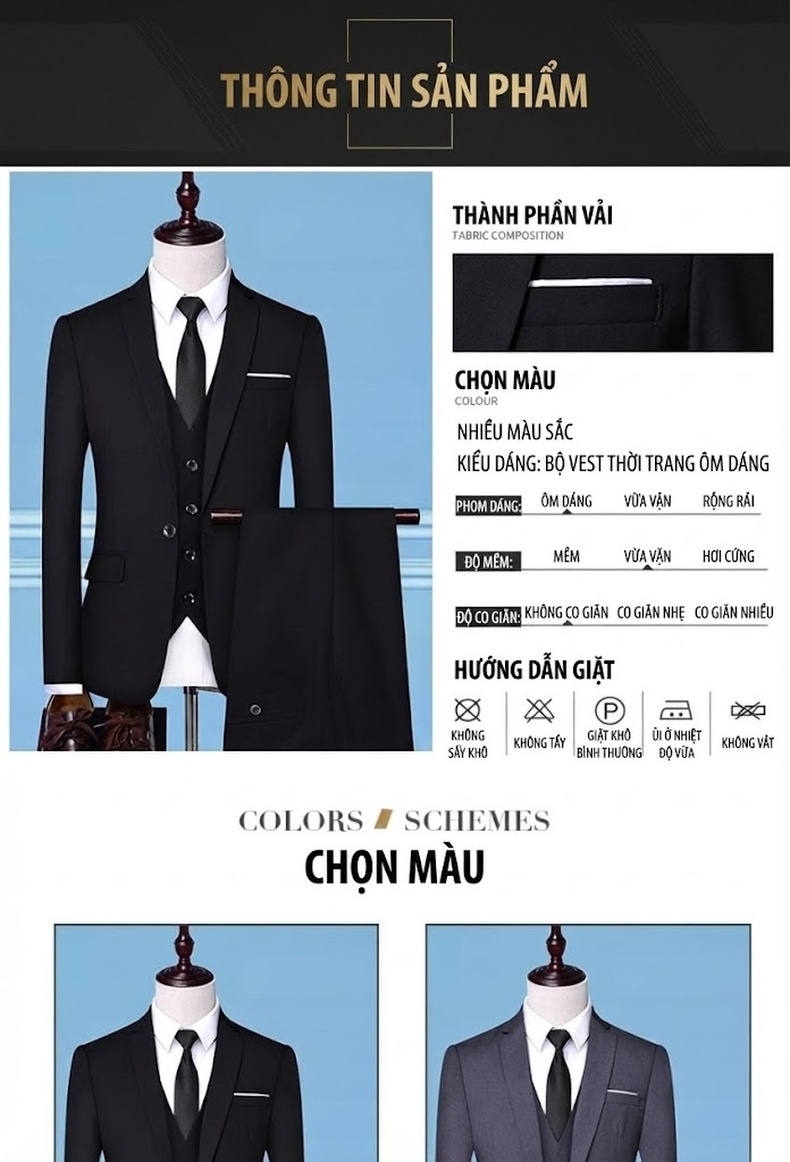 Bộ Vest Nam Dáng Ôm Phong Cách Hàn Quốc Lịch Lãm Màu Đen, Xanh Navy, Xám, Đỏ Rượu Vang... chi tiết 2