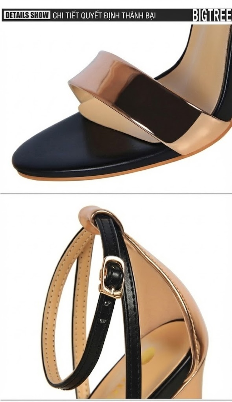 Giày Sandal Cao Gót Nữ Hở Ngón Quai Ngang Da Bóng Lượn Sóng Gót Cao 10cm - 12cm Màu Đen, Trắng, Vàng Đồng chi tiết 17