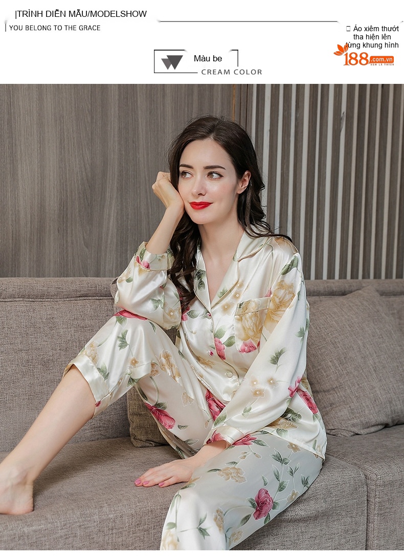 Bộ Pijama Lụa Tơ Tằm Dài Tay Nữ Size Lớn Họa Tiết Hoa Mùa Thu chi tiết 5