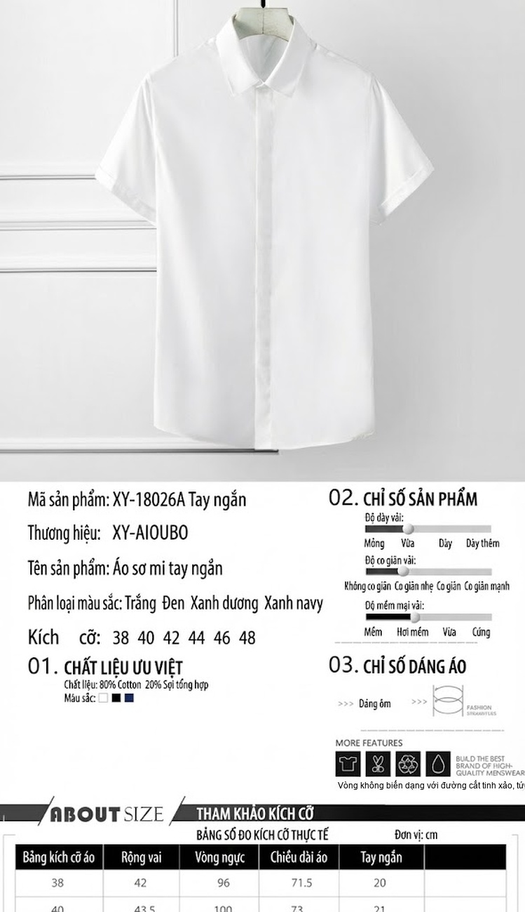 Áo Sơ Mi Nam Tay Ngắn Cotton Kiểu Dáng Ôm Vừa Vặn Màu Trắng, Đen, Xanh Dương, Xanh Navy... chi tiết 2
